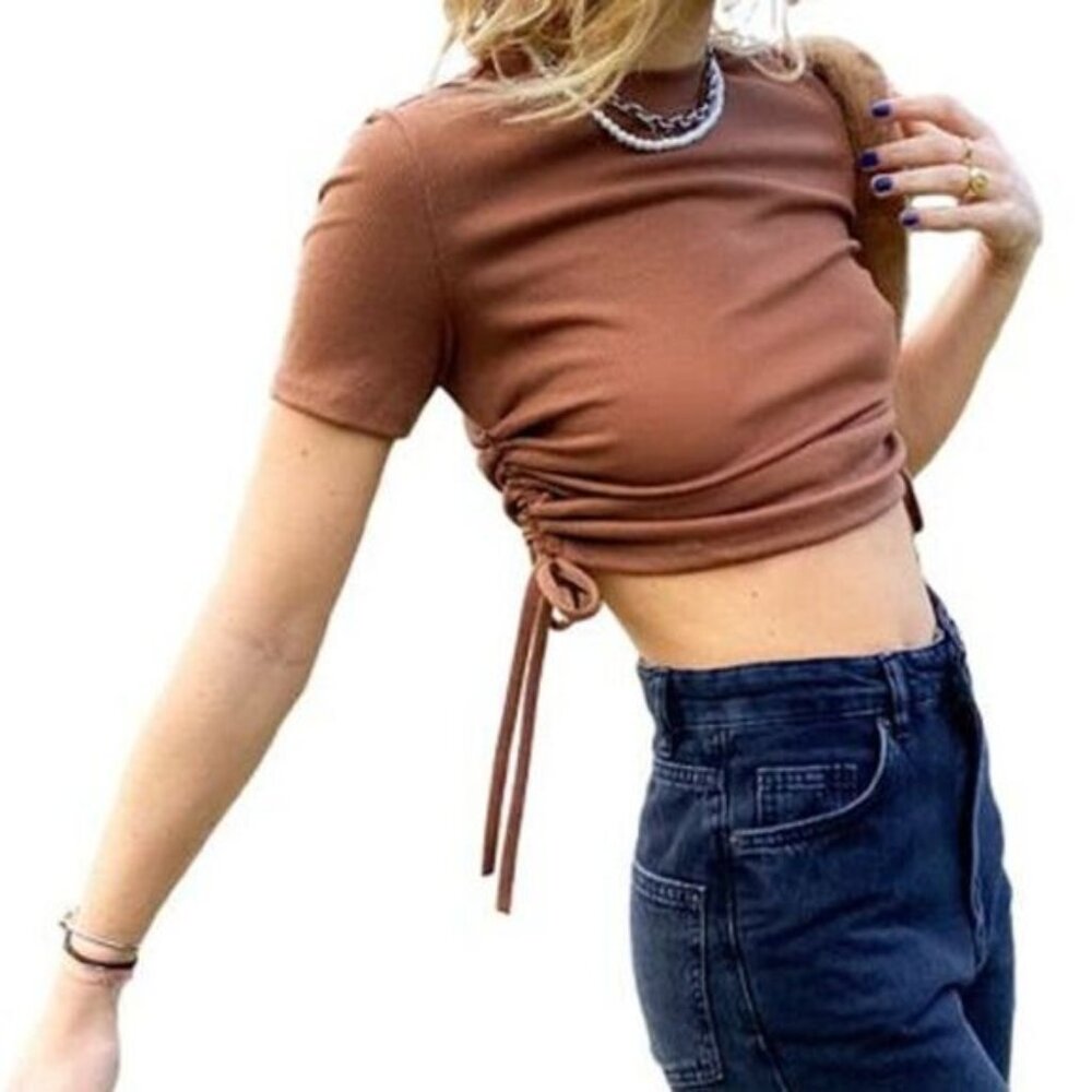 NWOT‎ Zara Drawstring Ruched Side Crop Top Brown Small